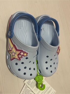 CROCS Kids Light Up Clogs with Blue Heel Straps and Multicolor Star Charms